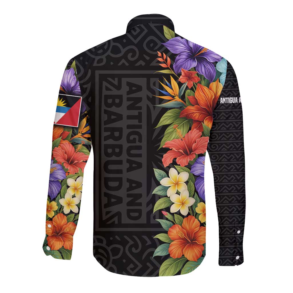 Antigua and Barbuda Floral Long Sleeve Button Shirt with Tropical Hibiscus with National Flag - Wonder Print Shop