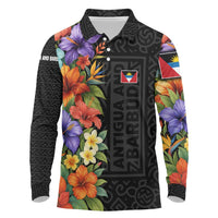 Antigua and Barbuda Floral Long Sleeve Polo Shirt with Tropical Hibiscus with National Flag - Wonder Print Shop