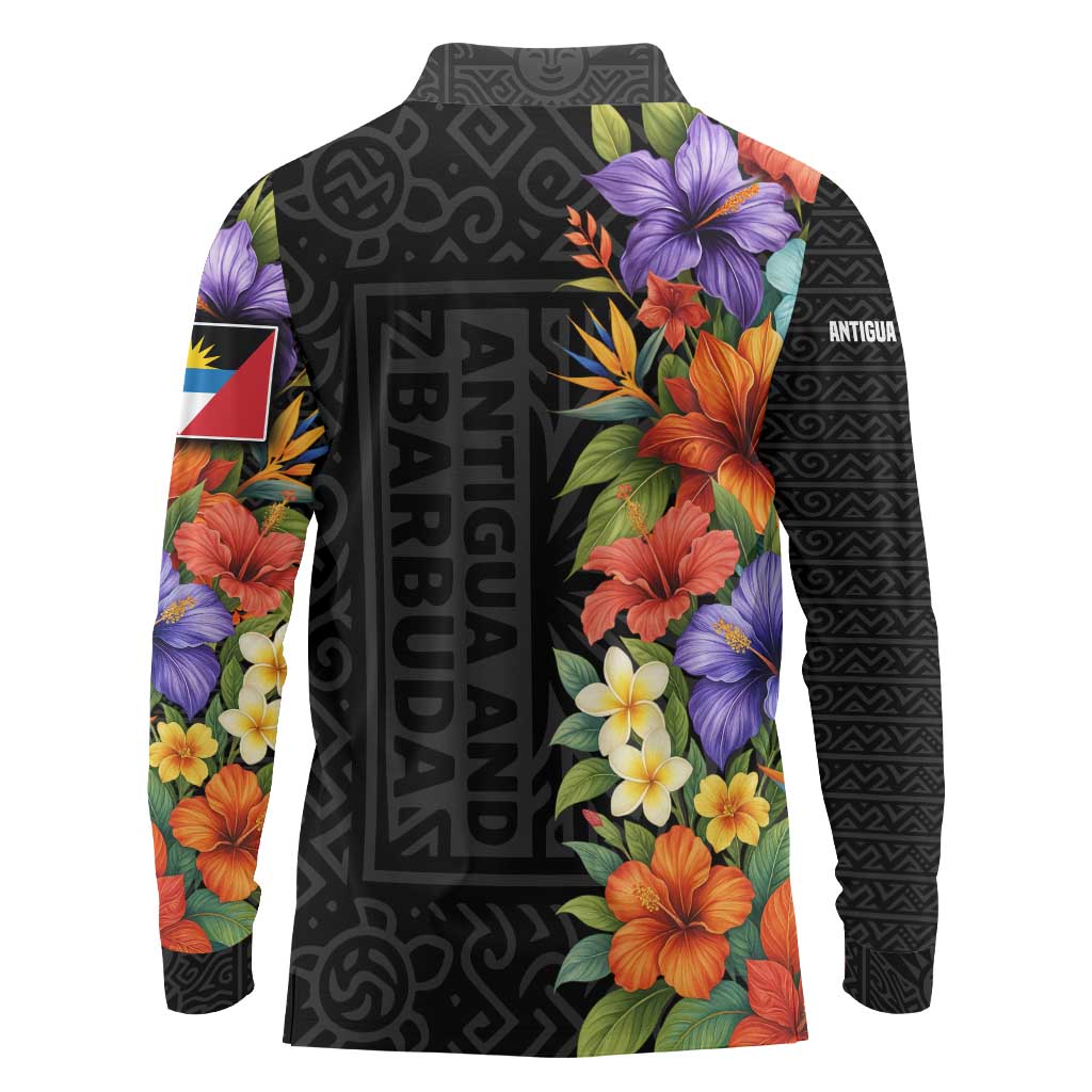 Antigua and Barbuda Floral Long Sleeve Polo Shirt with Tropical Hibiscus with National Flag - Wonder Print Shop