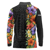 Antigua and Barbuda Floral Long Sleeve Polo Shirt with Tropical Hibiscus with National Flag - Wonder Print Shop