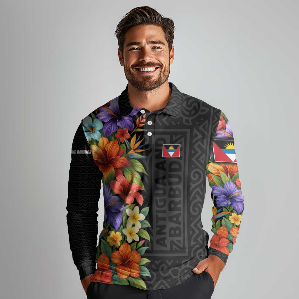 Antigua and Barbuda Floral Long Sleeve Polo Shirt with Tropical Hibiscus with National Flag - Wonder Print Shop