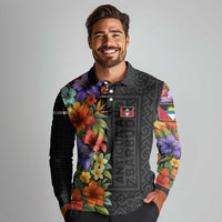 Antigua and Barbuda Floral Long Sleeve Polo Shirt with Tropical Hibiscus with National Flag - Wonder Print Shop