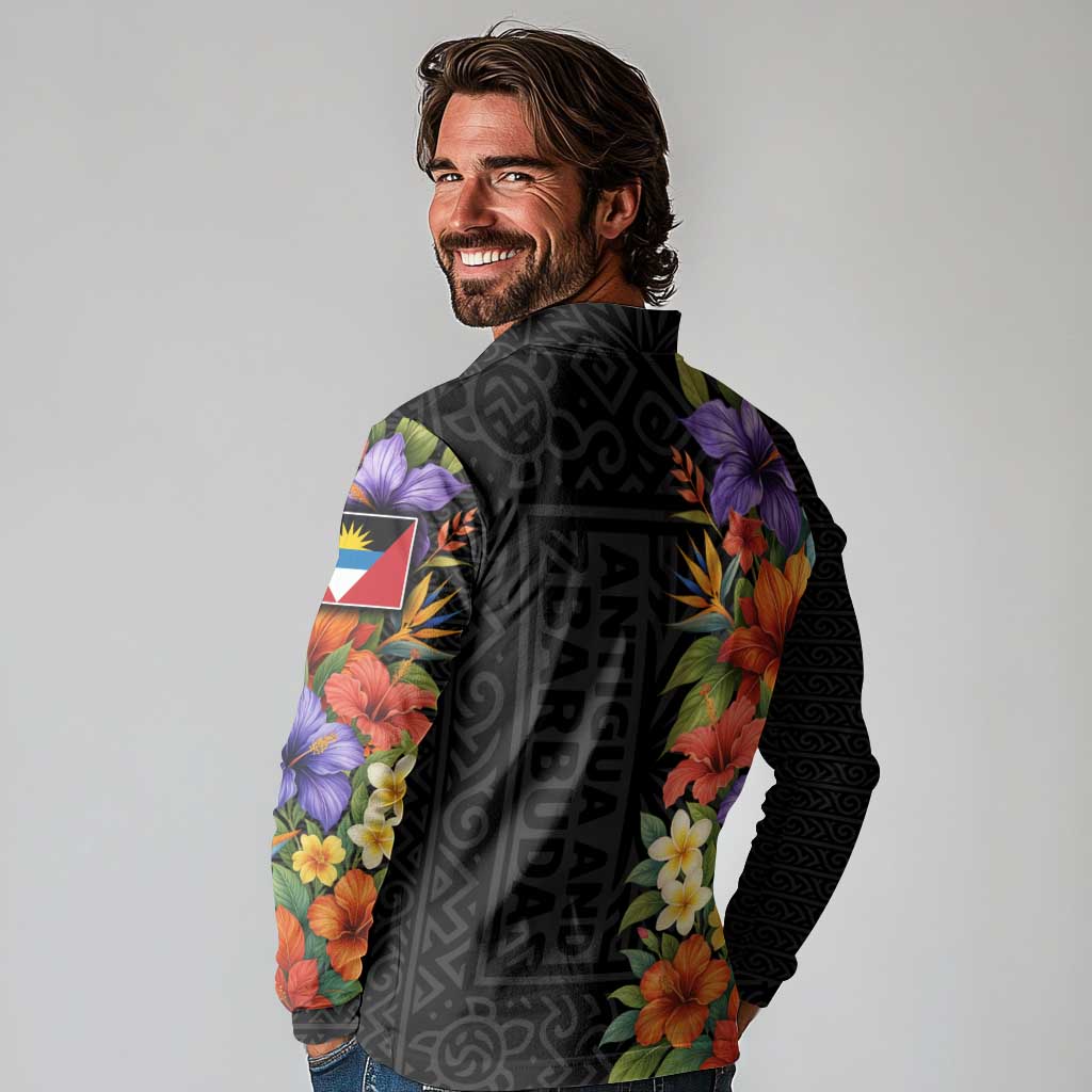 Antigua and Barbuda Floral Long Sleeve Polo Shirt with Tropical Hibiscus with National Flag - Wonder Print Shop