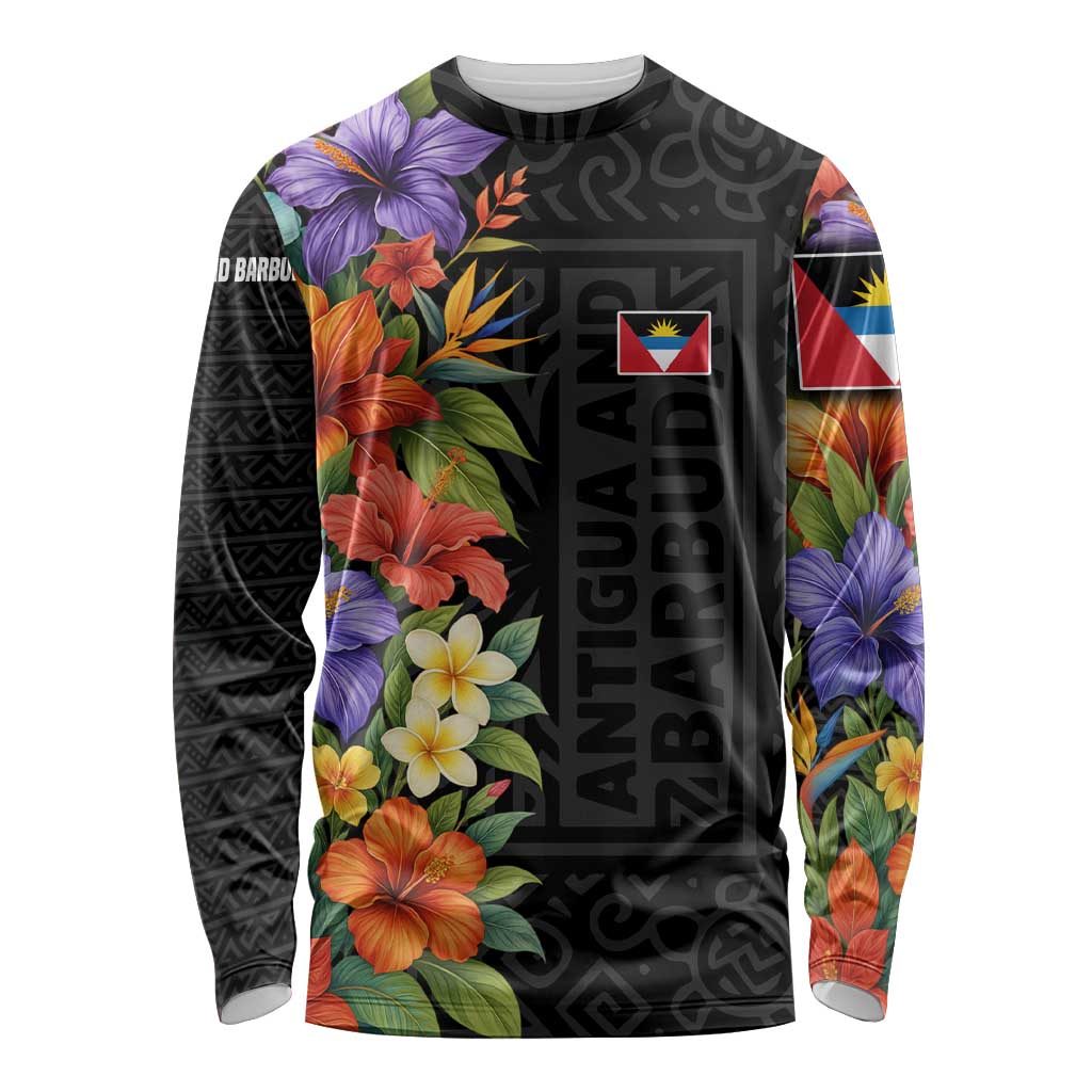 Antigua and Barbuda Floral Long Sleeve Shirt with Tropical Hibiscus with National Flag - Wonder Print Shop