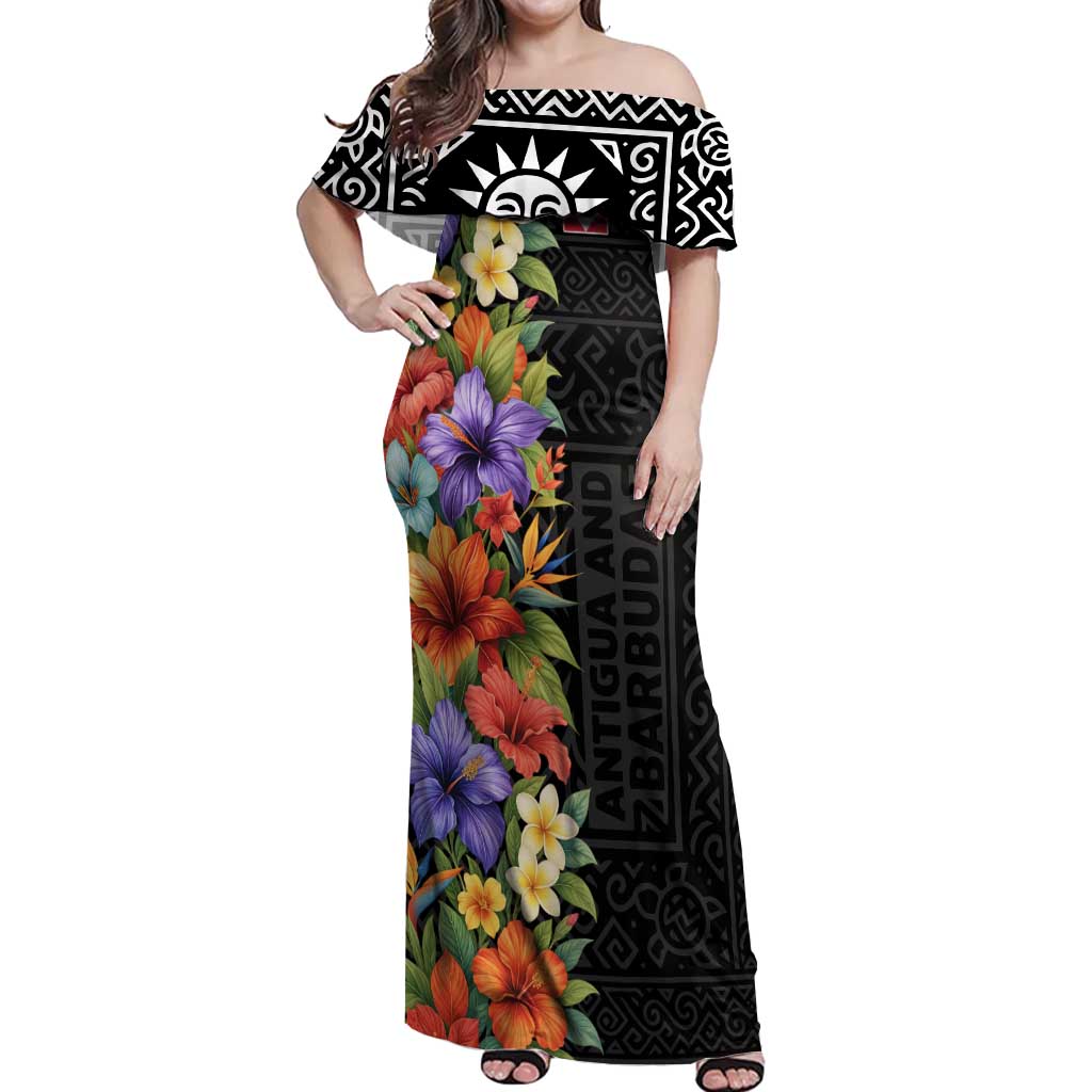 Antigua and Barbuda Floral Off Shoulder Maxi Dress with Tropical Hibiscus with National Flag - Wonder Print Shop