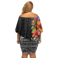 Antigua and Barbuda Floral Off Shoulder Short Dress with Tropical Hibiscus with National Flag - Wonder Print Shop