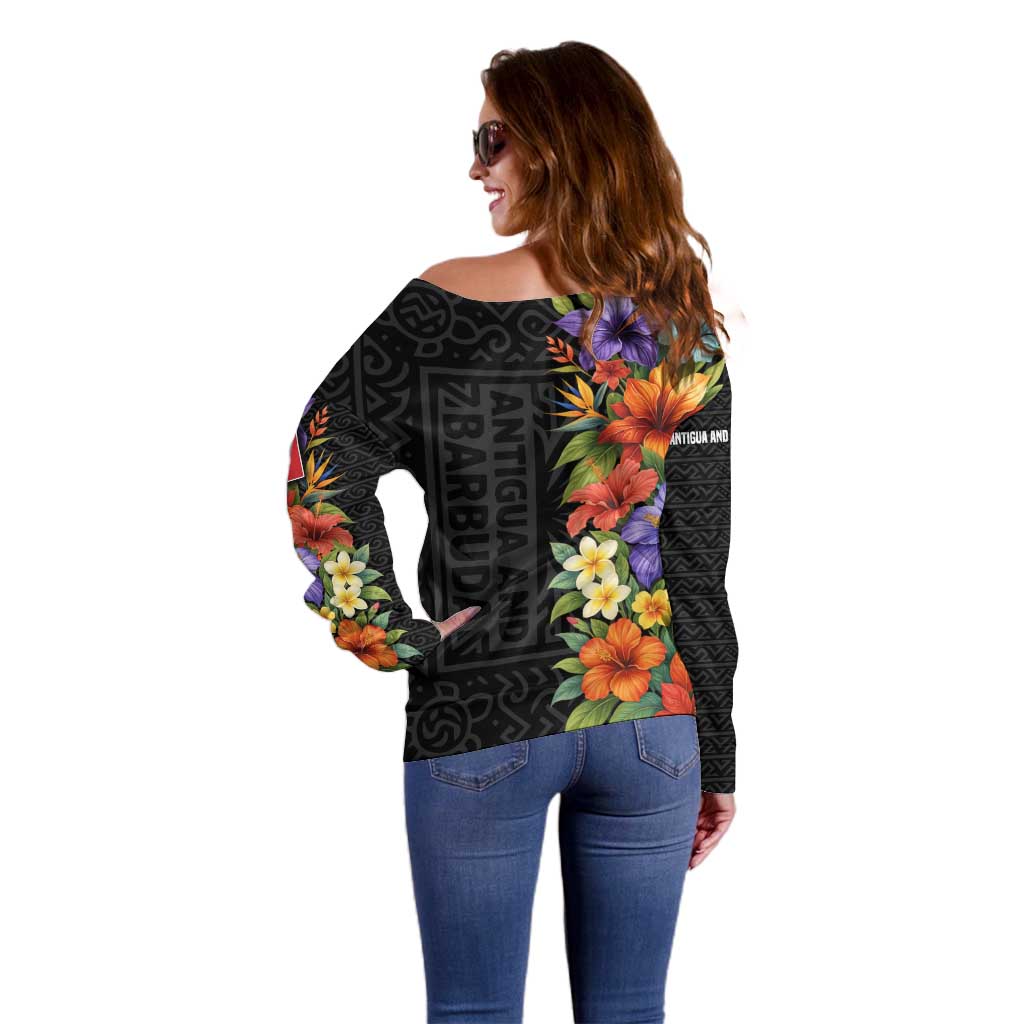 Antigua and Barbuda Floral Off Shoulder Sweater with Tropical Hibiscus with National Flag - Wonder Print Shop