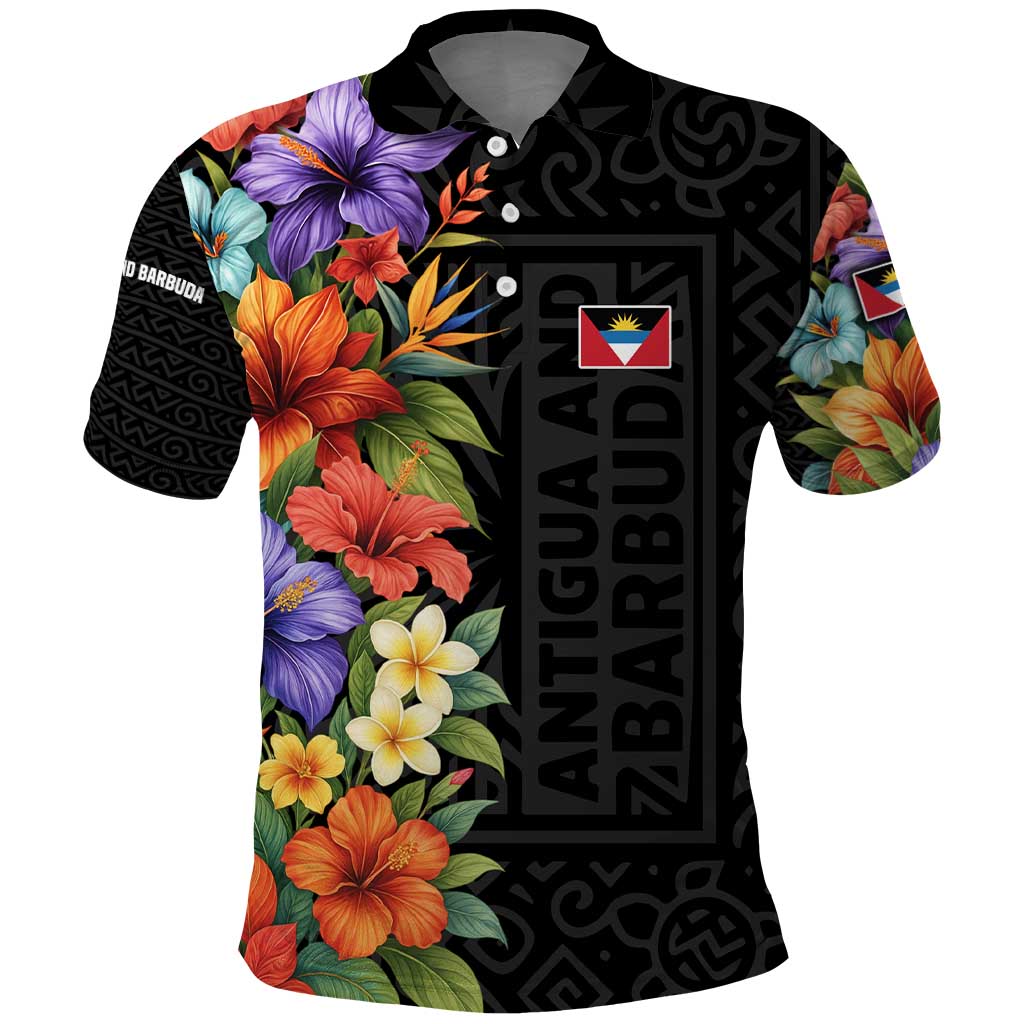 Antigua and Barbuda Floral Polo Shirt with Tropical Hibiscus with National Flag - Wonder Print Shop