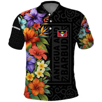 Antigua and Barbuda Floral Polo Shirt with Tropical Hibiscus with National Flag - Wonder Print Shop