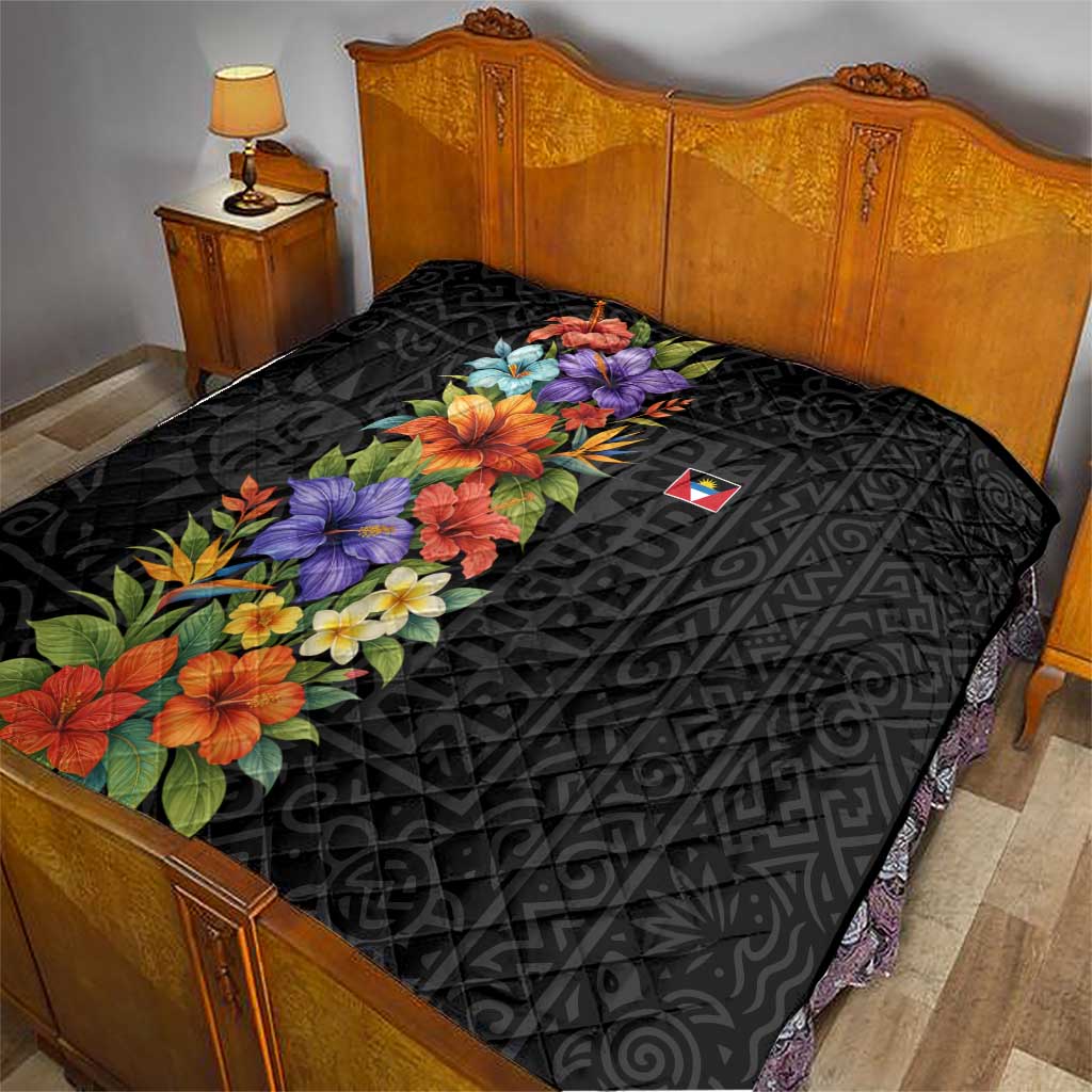 Antigua and Barbuda Floral Quilt with Tropical Hibiscus with National Flag - Wonder Print Shop