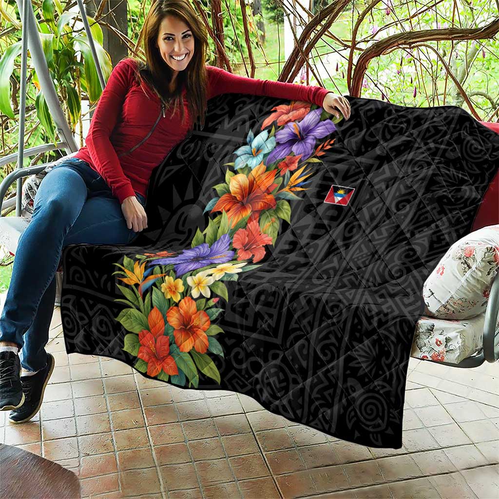 Antigua and Barbuda Floral Quilt with Tropical Hibiscus with National Flag - Wonder Print Shop