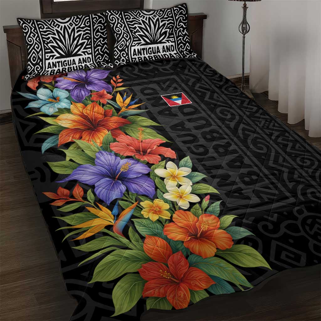 Antigua and Barbuda Floral Quilt Bed Set with Tropical Hibiscus with National Flag - Wonder Print Shop