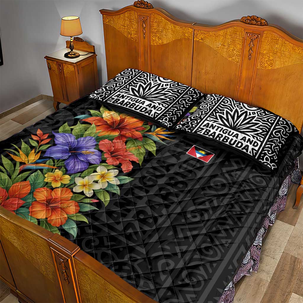 Antigua and Barbuda Floral Quilt Bed Set with Tropical Hibiscus with National Flag - Wonder Print Shop