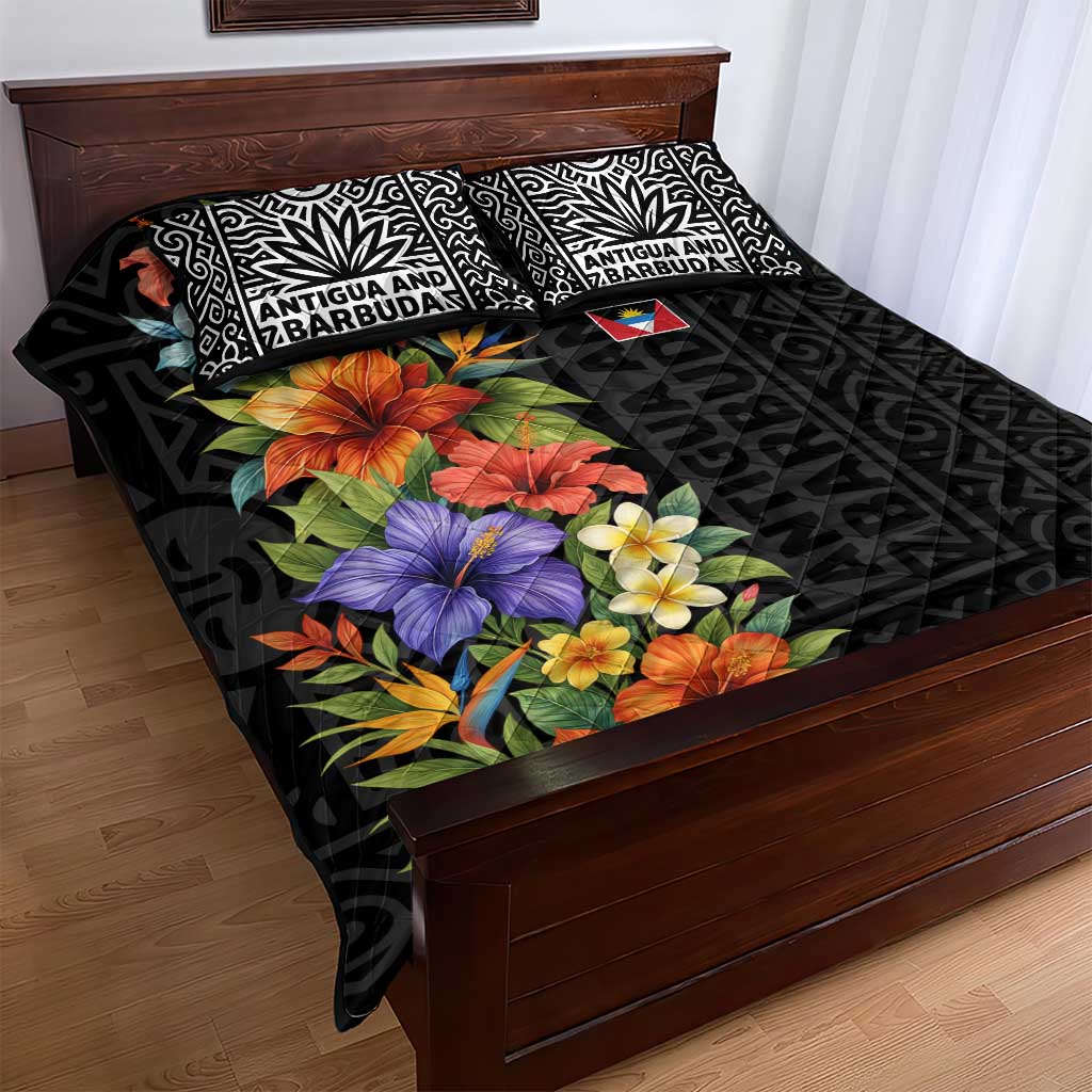 Antigua and Barbuda Floral Quilt Bed Set with Tropical Hibiscus with National Flag - Wonder Print Shop