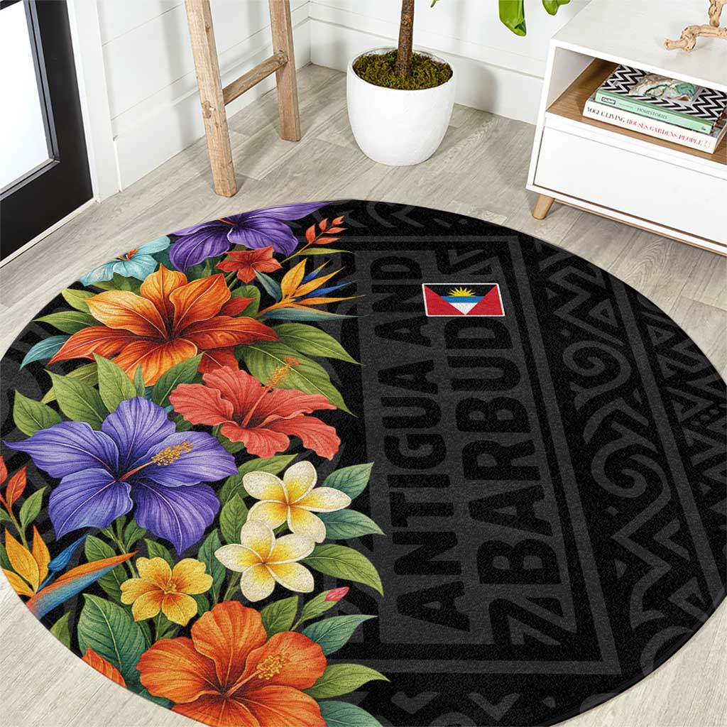 Antigua and Barbuda Floral Round Carpet with Tropical Hibiscus with National Flag - Wonder Print Shop