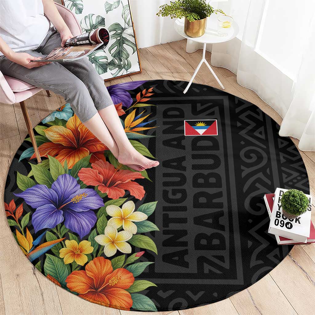 Antigua and Barbuda Floral Round Carpet with Tropical Hibiscus with National Flag - Wonder Print Shop