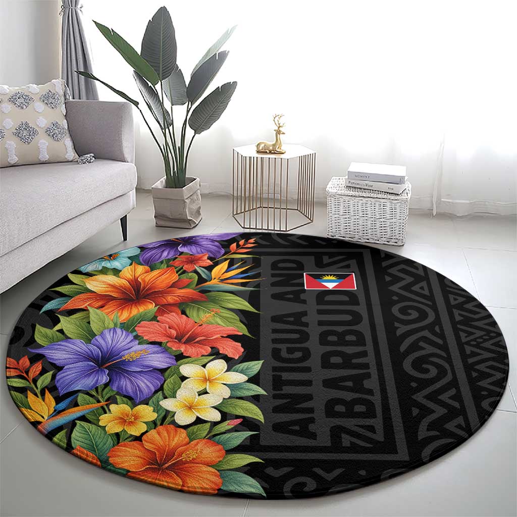 Antigua and Barbuda Floral Round Carpet with Tropical Hibiscus with National Flag - Wonder Print Shop