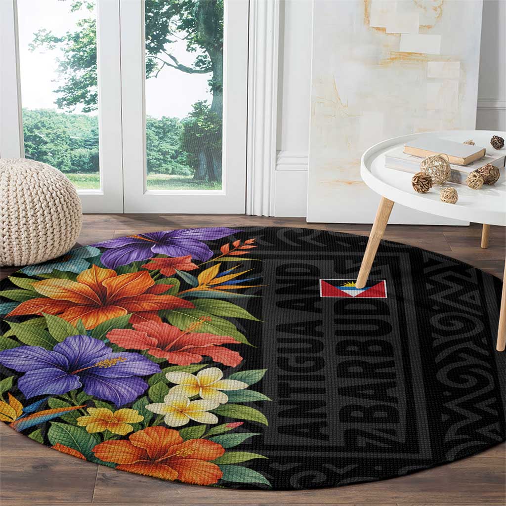 Antigua and Barbuda Floral Round Carpet with Tropical Hibiscus with National Flag - Wonder Print Shop