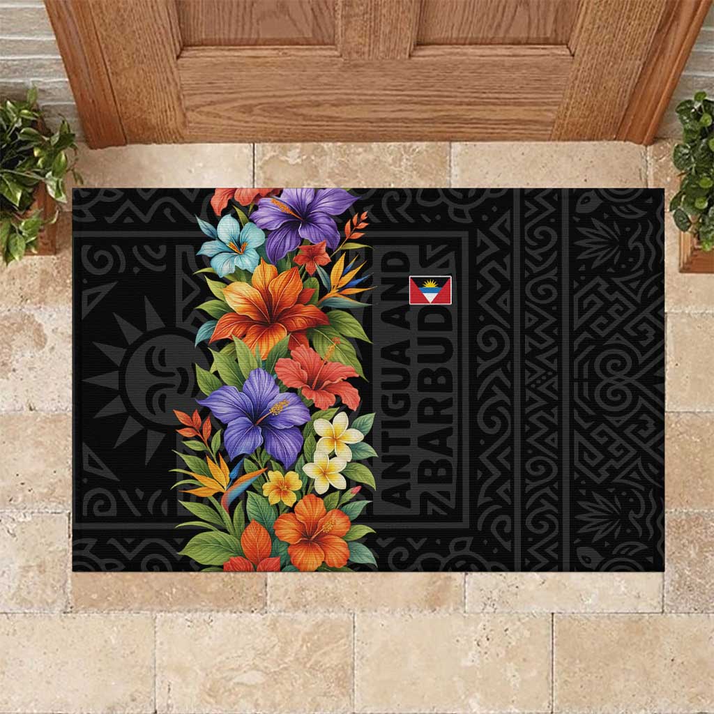 Antigua and Barbuda Floral Rubber Doormat with Tropical Hibiscus with National Flag - Wonder Print Shop