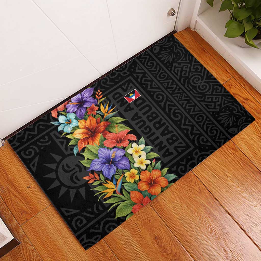 Antigua and Barbuda Floral Rubber Doormat with Tropical Hibiscus with National Flag - Wonder Print Shop