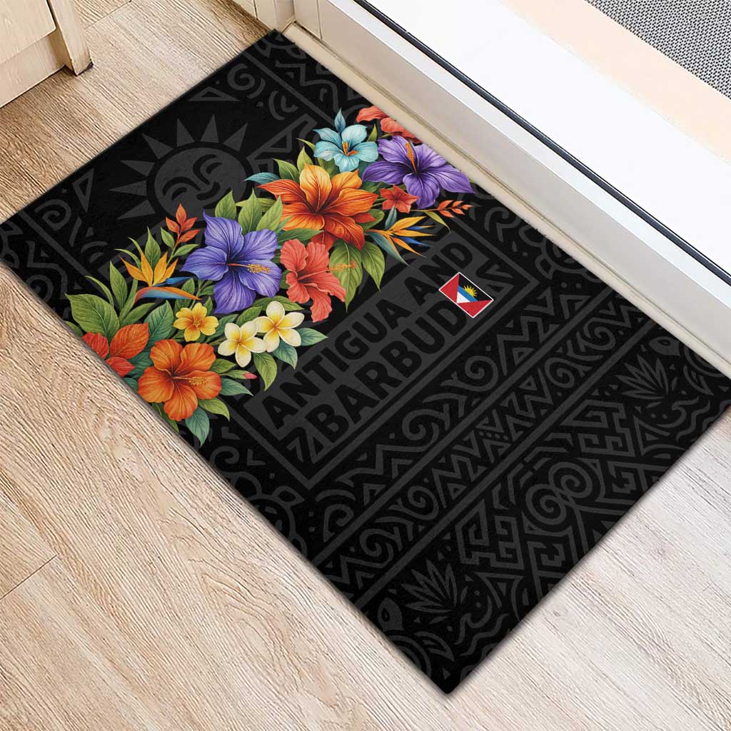 Antigua and Barbuda Floral Rubber Doormat with Tropical Hibiscus with National Flag - Wonder Print Shop