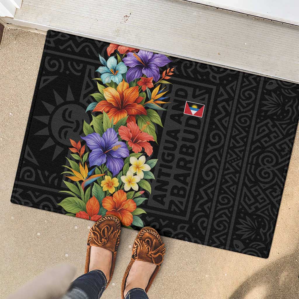 Antigua and Barbuda Floral Rubber Doormat with Tropical Hibiscus with National Flag - Wonder Print Shop