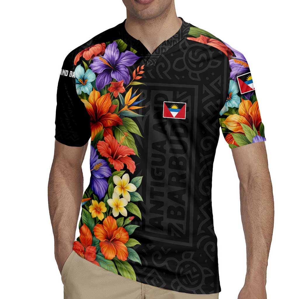 Antigua and Barbuda Floral Rugby Jersey with Tropical Hibiscus with National Flag - Wonder Print Shop