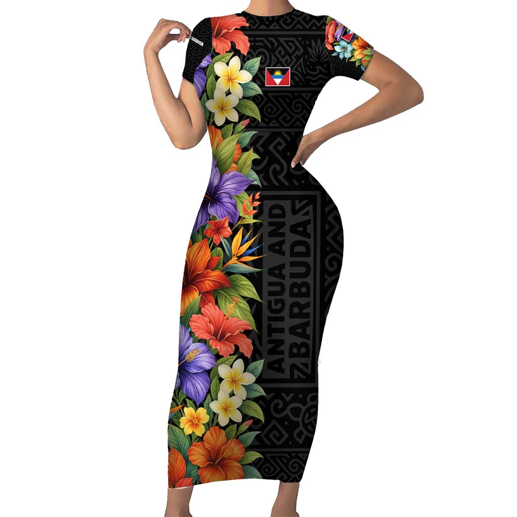 Antigua and Barbuda Floral Short Sleeve Bodycon Dress with Tropical Hibiscus with National Flag - Wonder Print Shop