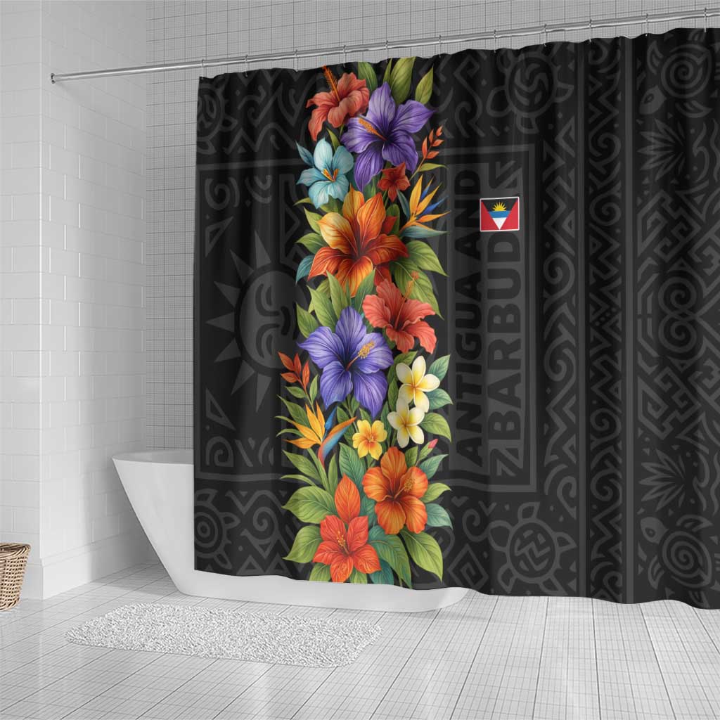 Antigua and Barbuda Floral Shower Curtain with Tropical Hibiscus with National Flag - Wonder Print Shop
