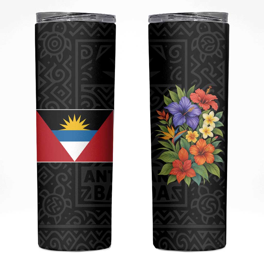Antigua and Barbuda Floral Skinny Tumbler with Tropical Hibiscus with National Flag - Wonder Print Shop