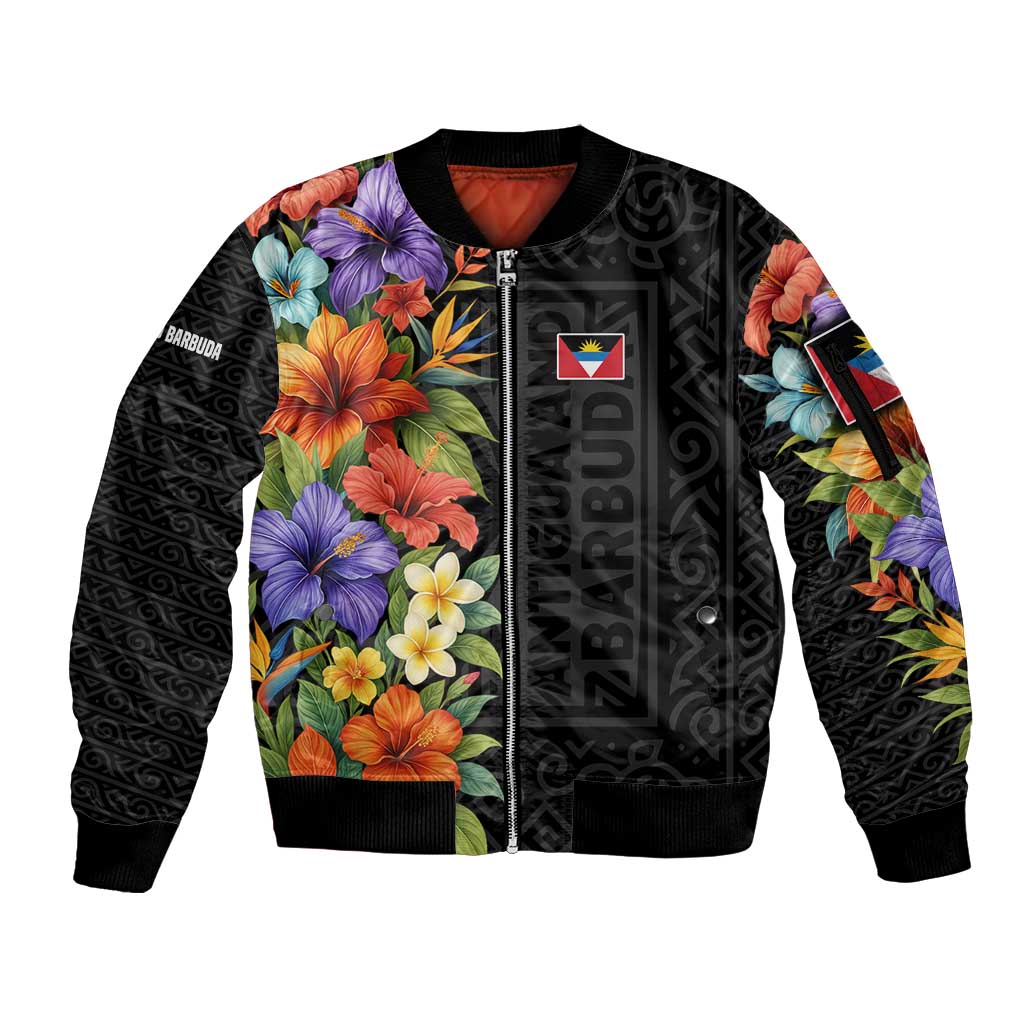 Antigua and Barbuda Floral Sleeve Zip Bomber Jacket with Tropical Hibiscus with National Flag - Wonder Print Shop