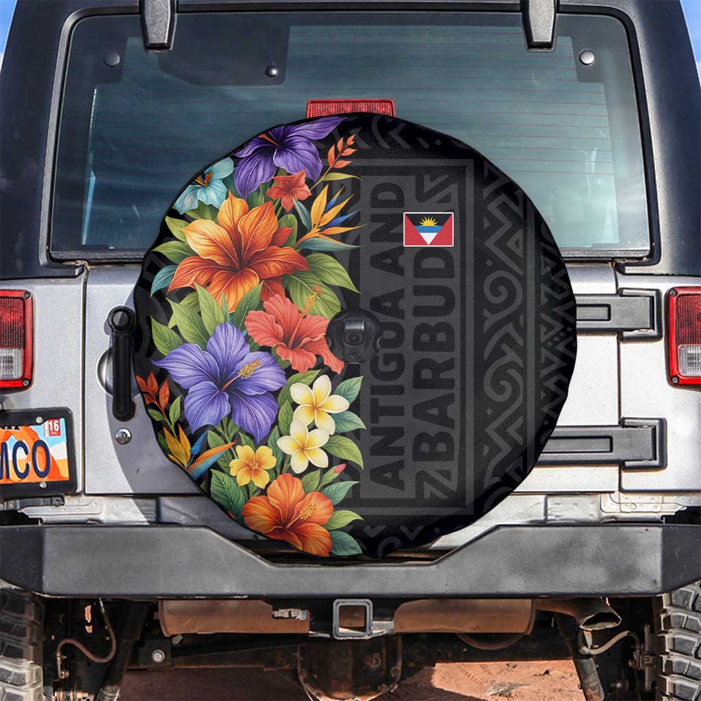 Antigua and Barbuda Floral Spare Tire Cover with Tropical Hibiscus with National Flag - Wonder Print Shop