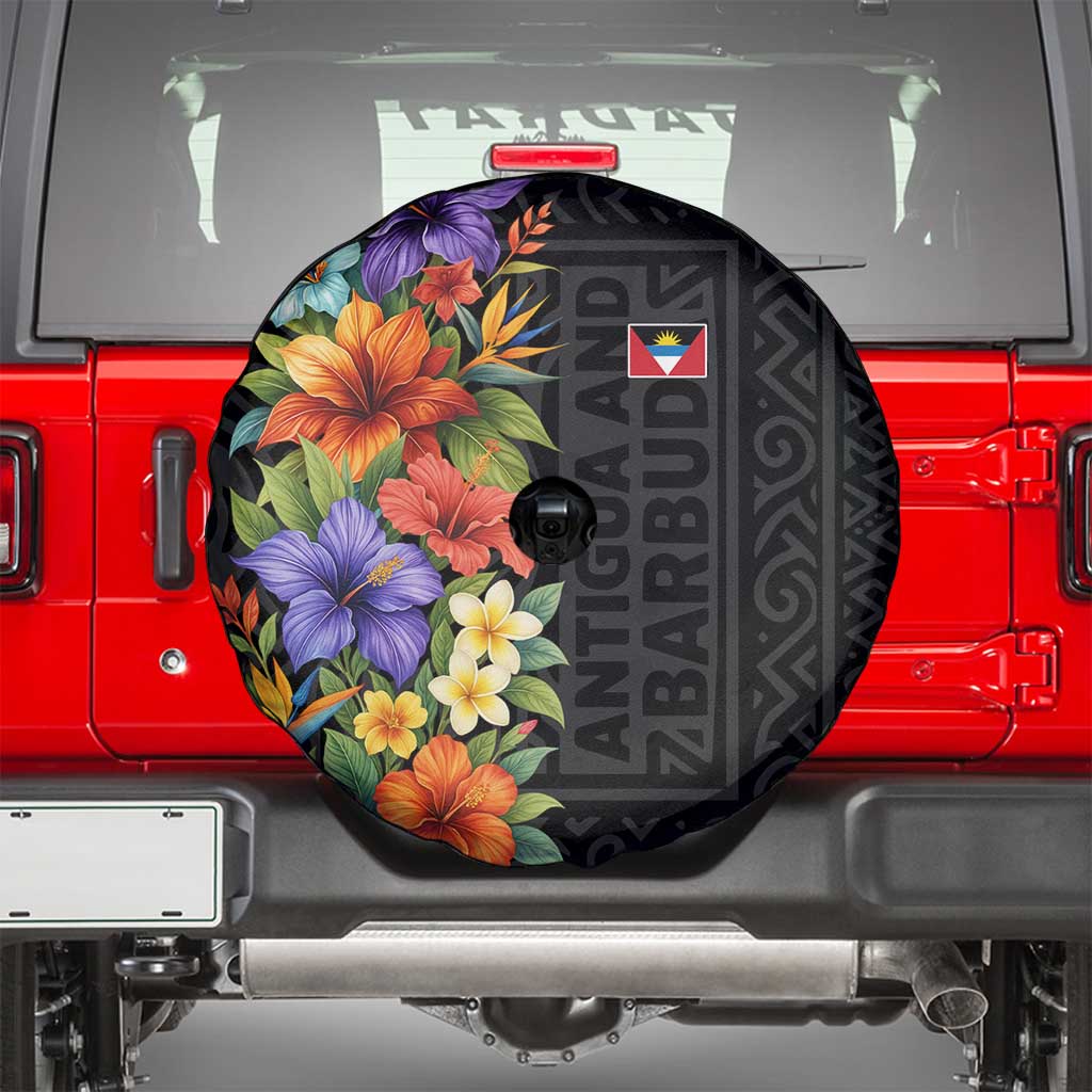Antigua and Barbuda Floral Spare Tire Cover with Tropical Hibiscus with National Flag - Wonder Print Shop