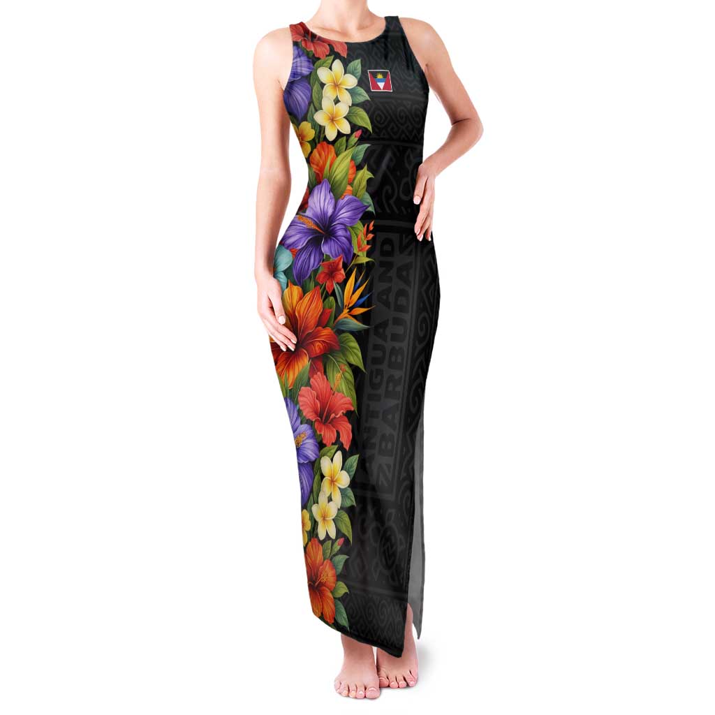 Antigua and Barbuda Floral Tank Maxi Dress with Tropical Hibiscus with National Flag - Wonder Print Shop