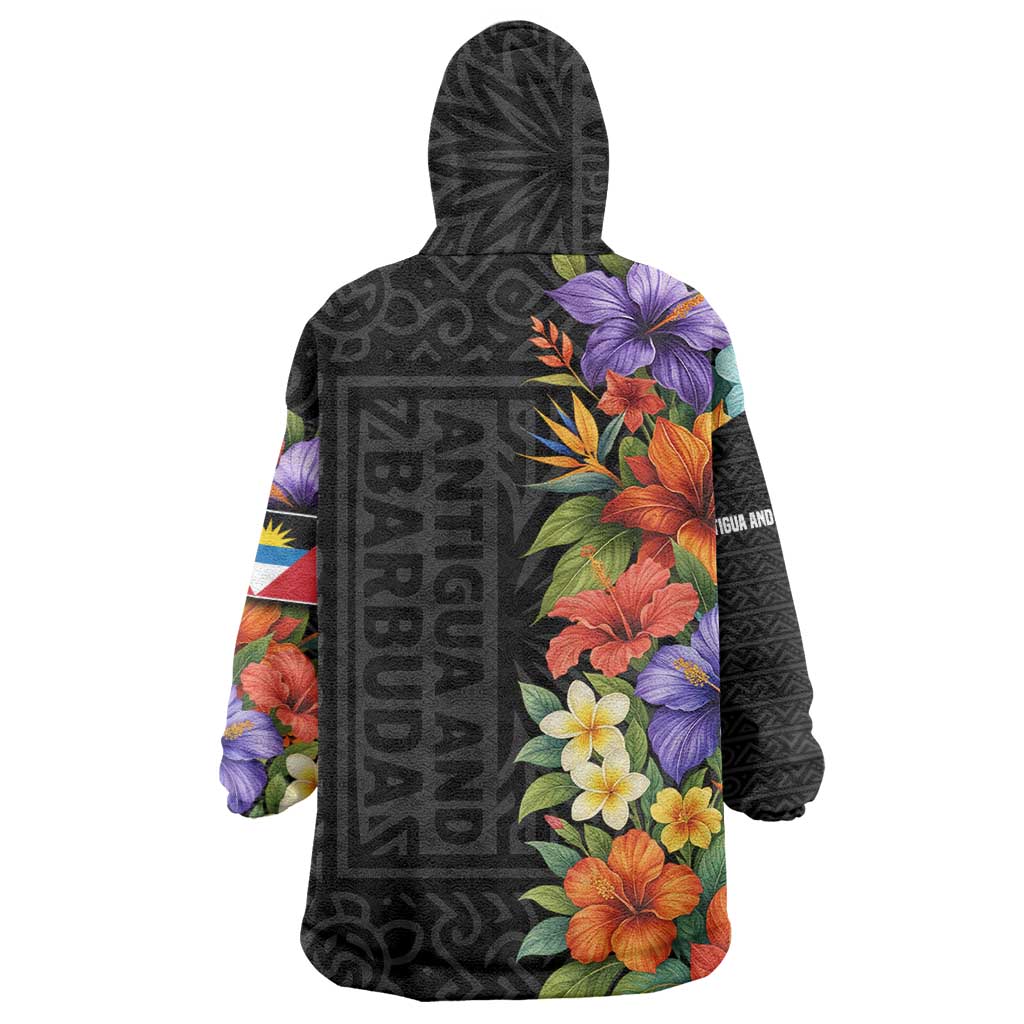 Antigua and Barbuda Floral Wearable Blanket Hoodie with Tropical Hibiscus with National Flag - Wonder Print Shop