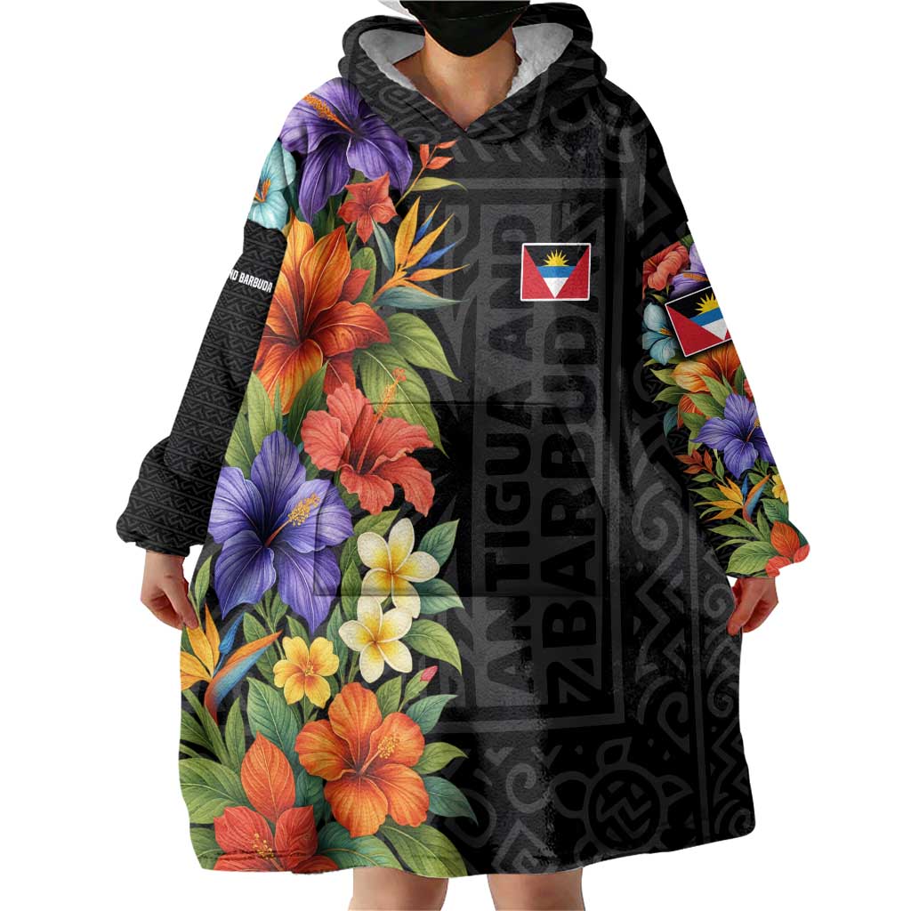 Antigua and Barbuda Floral Wearable Blanket Hoodie with Tropical Hibiscus with National Flag - Wonder Print Shop
