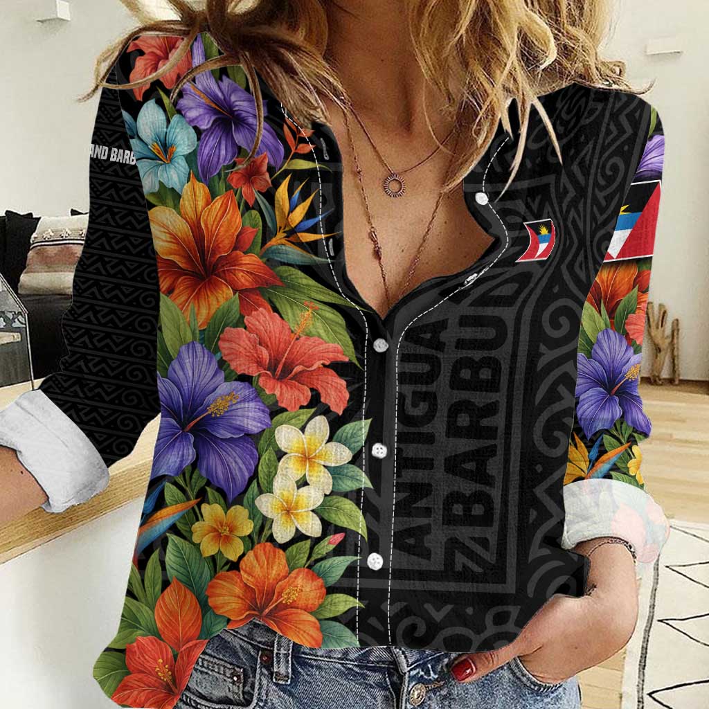 Antigua and Barbuda Floral Women Casual Shirt with Tropical Hibiscus with National Flag - Wonder Print Shop