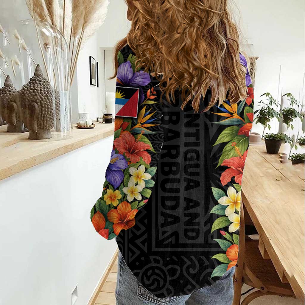 Antigua and Barbuda Floral Women Casual Shirt with Tropical Hibiscus with National Flag - Wonder Print Shop