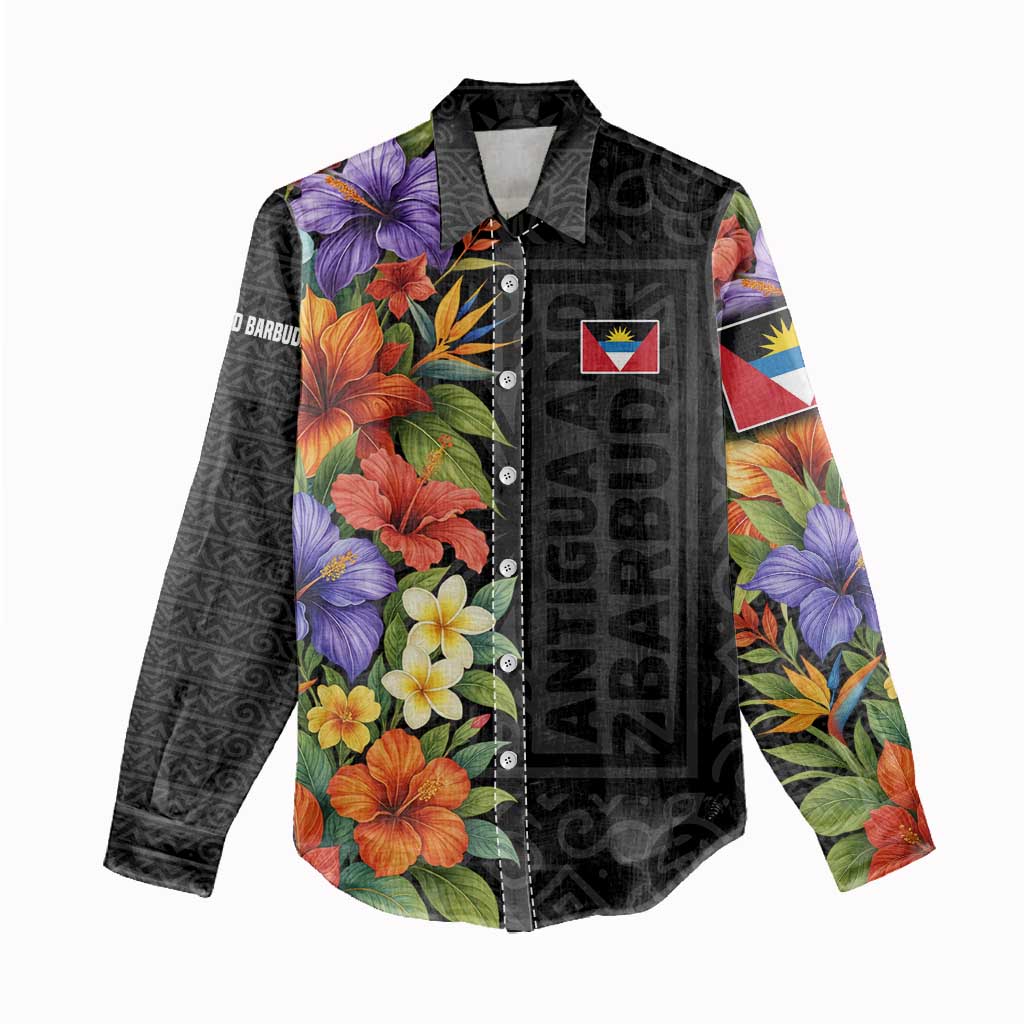 Antigua and Barbuda Floral Women Casual Shirt with Tropical Hibiscus with National Flag - Wonder Print Shop