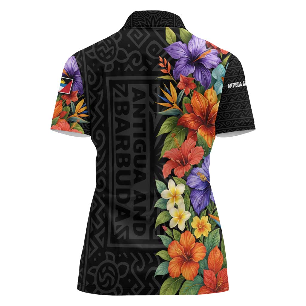 Antigua and Barbuda Floral Women Polo Shirt with Tropical Hibiscus with National Flag - Wonder Print Shop