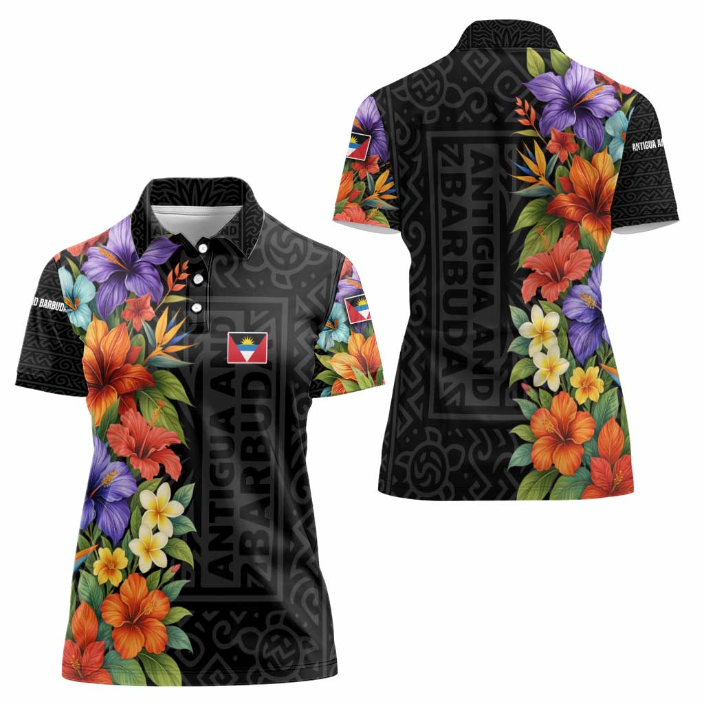 Antigua and Barbuda Floral Women Polo Shirt with Tropical Hibiscus with National Flag - Wonder Print Shop