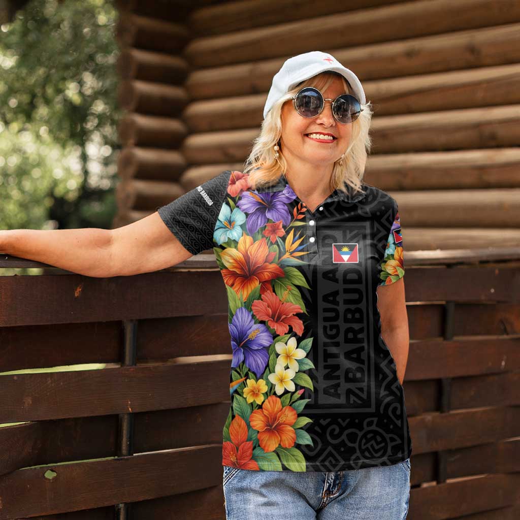 Antigua and Barbuda Floral Women Polo Shirt with Tropical Hibiscus with National Flag - Wonder Print Shop