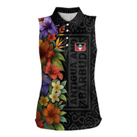 Antigua and Barbuda Floral Women Sleeveless Polo Shirt with Tropical Hibiscus with National Flag - Wonder Print Shop