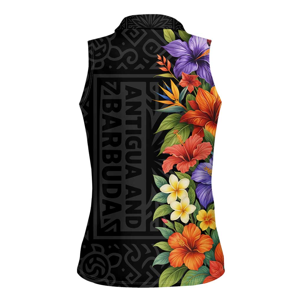 Antigua and Barbuda Floral Women Sleeveless Polo Shirt with Tropical Hibiscus with National Flag - Wonder Print Shop