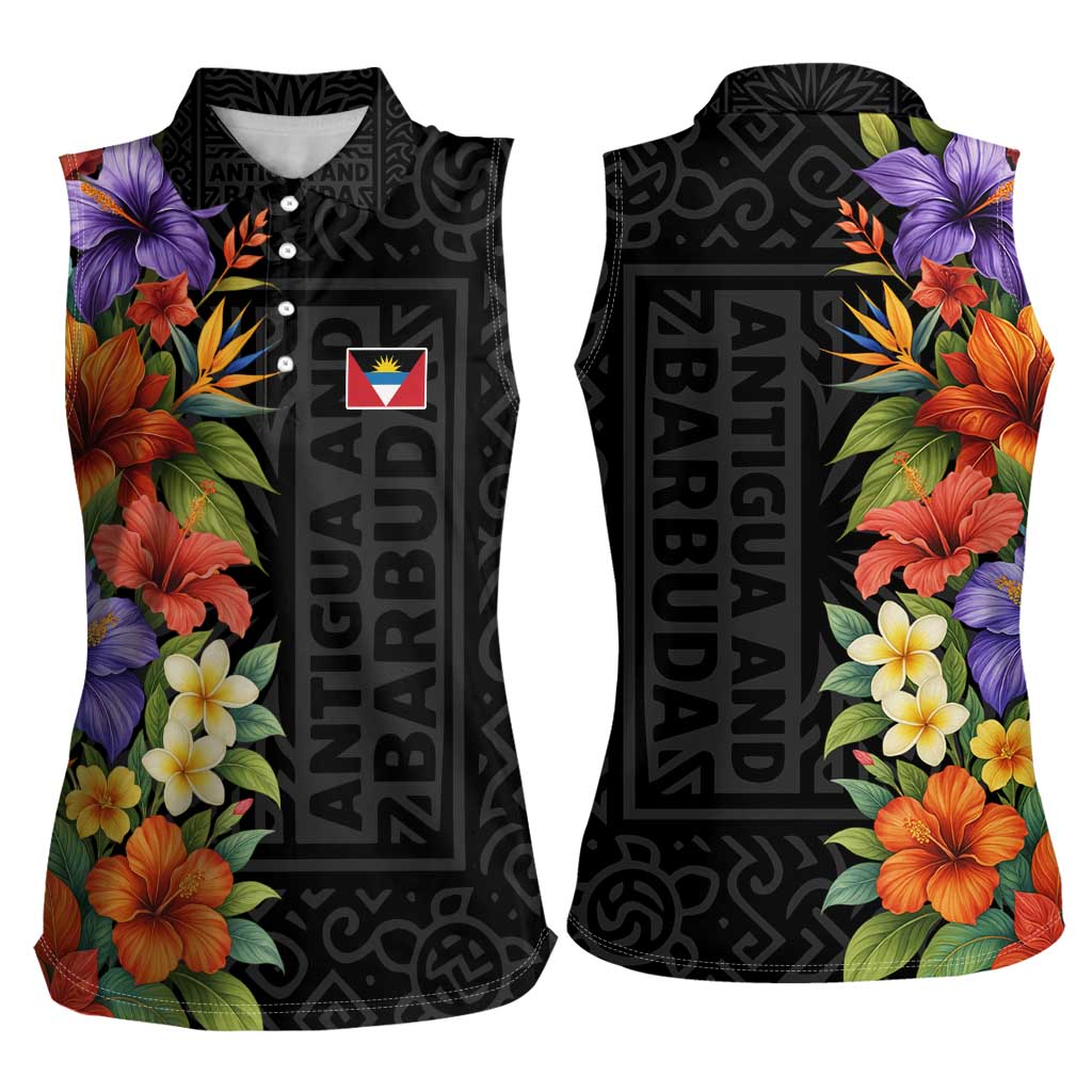 Antigua and Barbuda Floral Women Sleeveless Polo Shirt with Tropical Hibiscus with National Flag - Wonder Print Shop