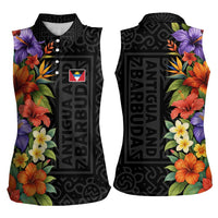 Antigua and Barbuda Floral Women Sleeveless Polo Shirt with Tropical Hibiscus with National Flag - Wonder Print Shop