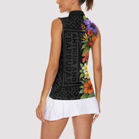 Antigua and Barbuda Floral Women Sleeveless Polo Shirt with Tropical Hibiscus with National Flag - Wonder Print Shop