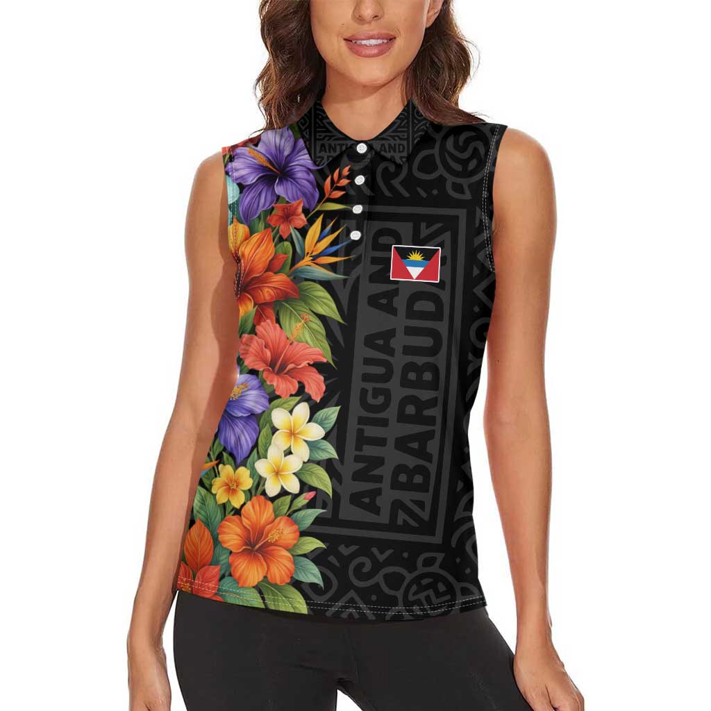 Antigua and Barbuda Floral Women Sleeveless Polo Shirt with Tropical Hibiscus with National Flag - Wonder Print Shop