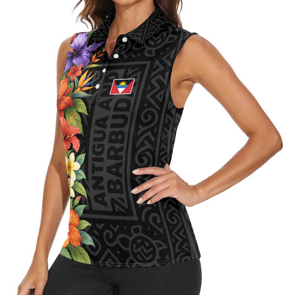 Antigua and Barbuda Floral Women Sleeveless Polo Shirt with Tropical Hibiscus with National Flag - Wonder Print Shop
