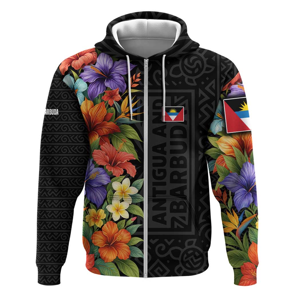 Antigua and Barbuda Floral Zip Hoodie with Tropical Hibiscus with National Flag - Wonder Print Shop